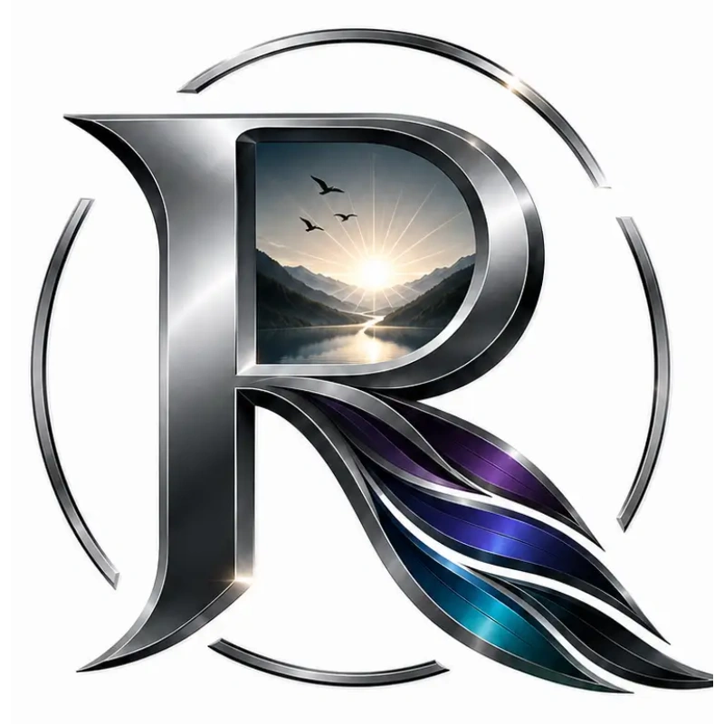 Raven Peptides monogram: a silver letter R with a feather inside a circular frame